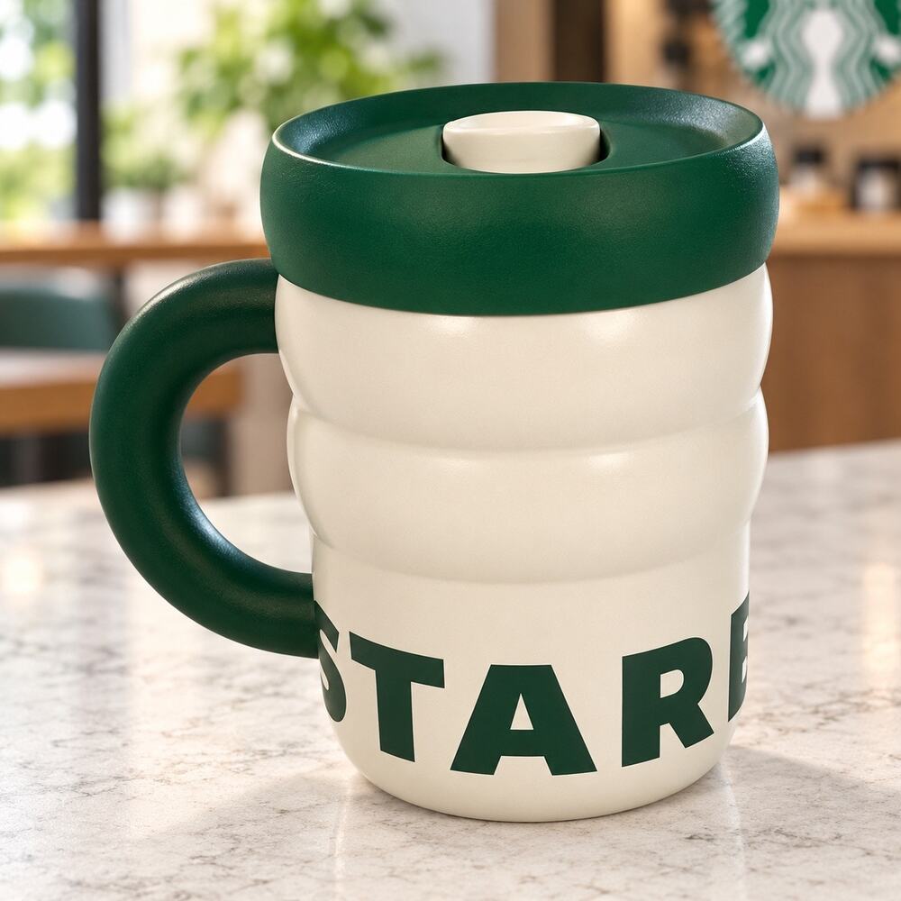 Starbucks Cream Green Insulated Travel Mug Handle Lid Large Logo New